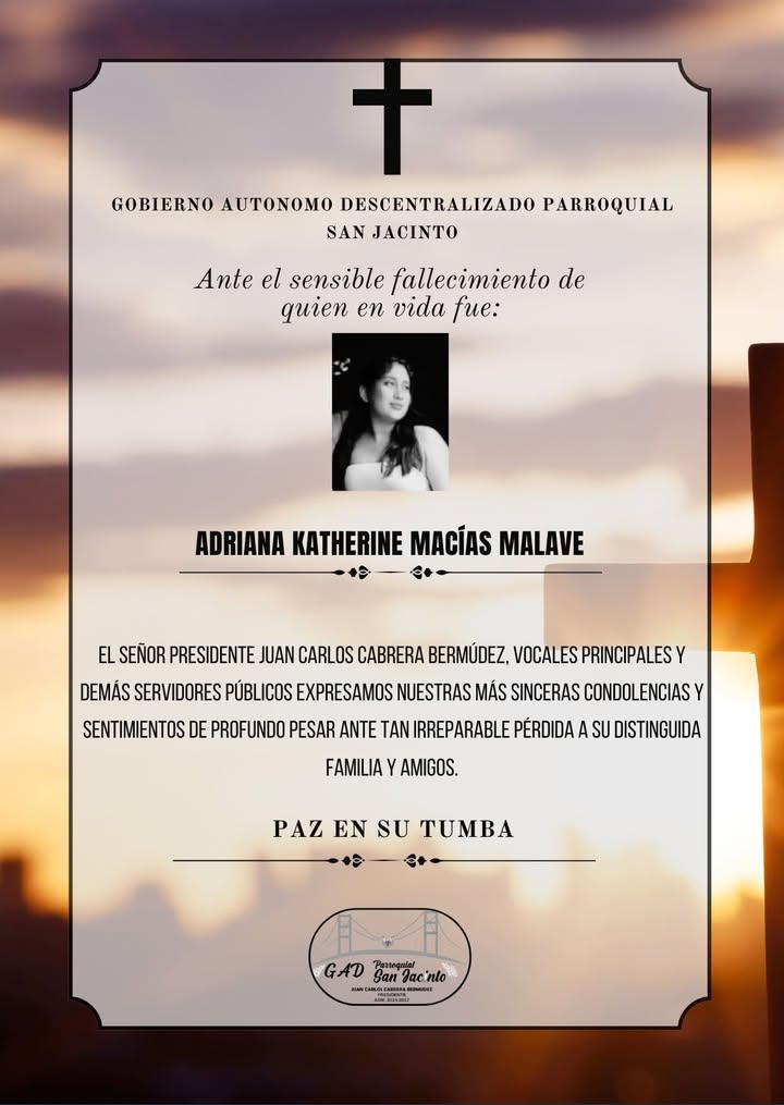 GAD San Jacinto emite condolencias por el fallecimiento de Adriana Macías